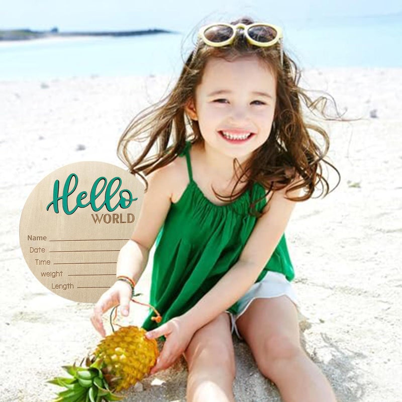 LZEDIRA Baby Announcement Sign - 5.9 Inch Wooden Hello World Newborn Welcome Plaque, Birth Announcement for Hospital, Newborn Name Sign for Photo Props, Baby Shower, Nursery (Green) - Image 3